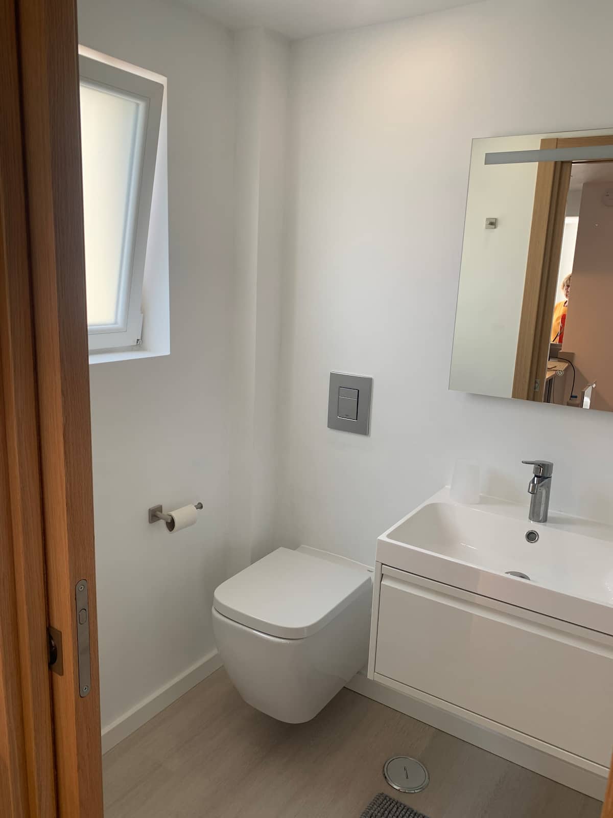 Walk-in shower, vanity and wall-hung toilet